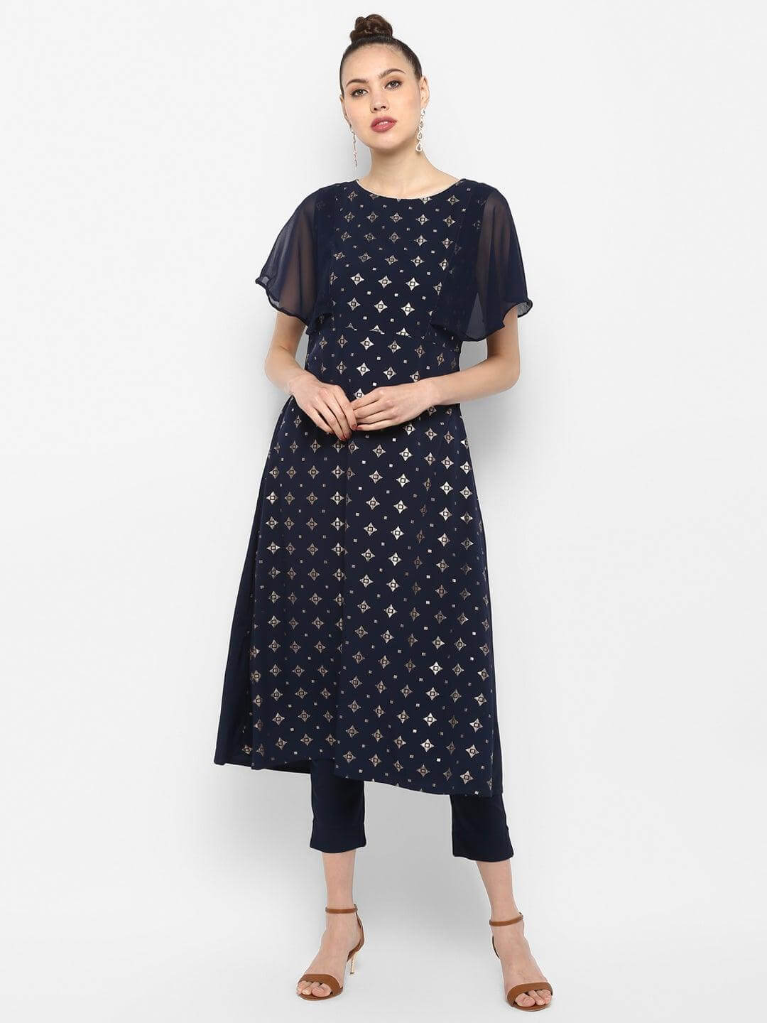 Blue Poly Crepe Foil Print Kurta with Pant