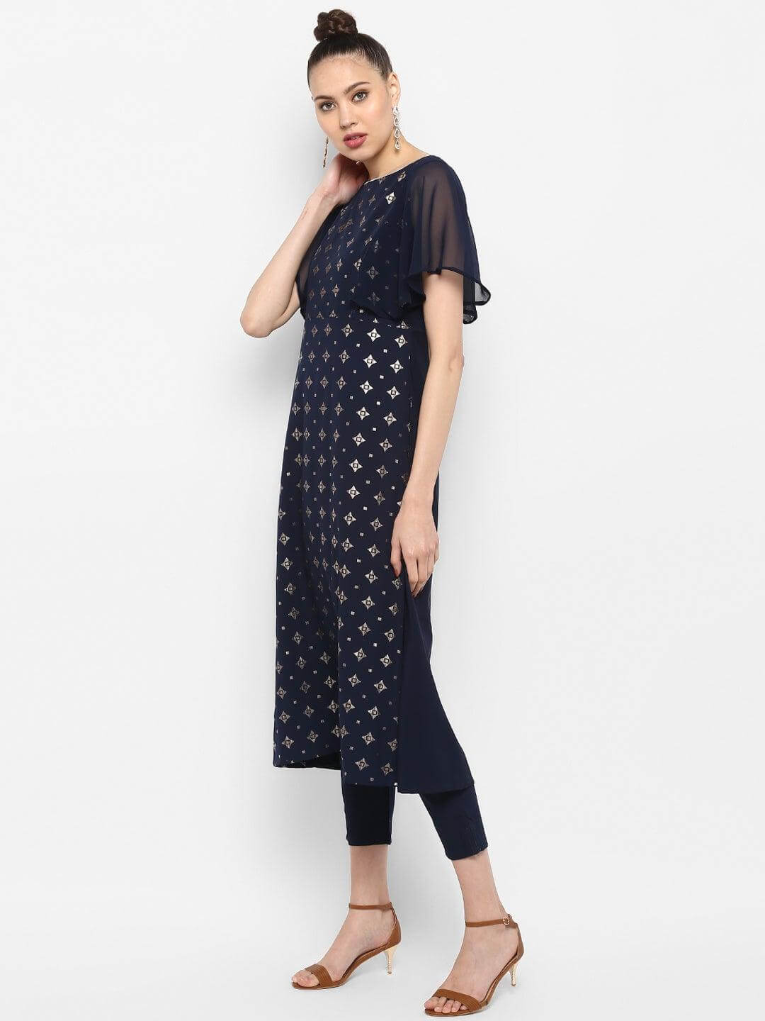 Blue Poly Crepe Foil Print Kurta with Pant