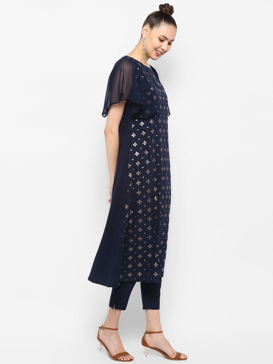 Blue Poly Crepe Foil Print Kurta with Pant