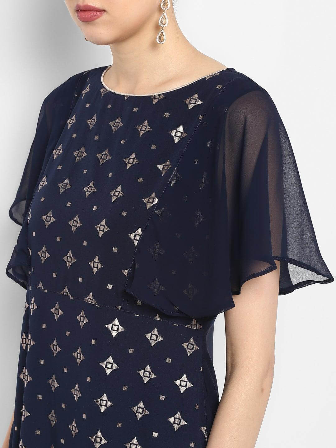 Blue Poly Crepe Foil Print Kurta with Pant