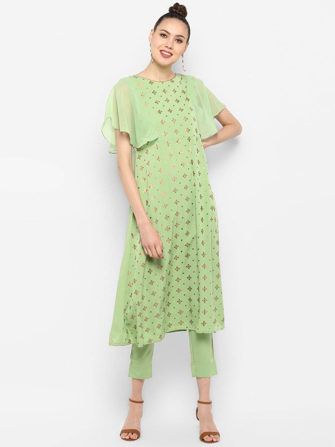 Light Green Poly Crepe Foil Print Kurta with Pant