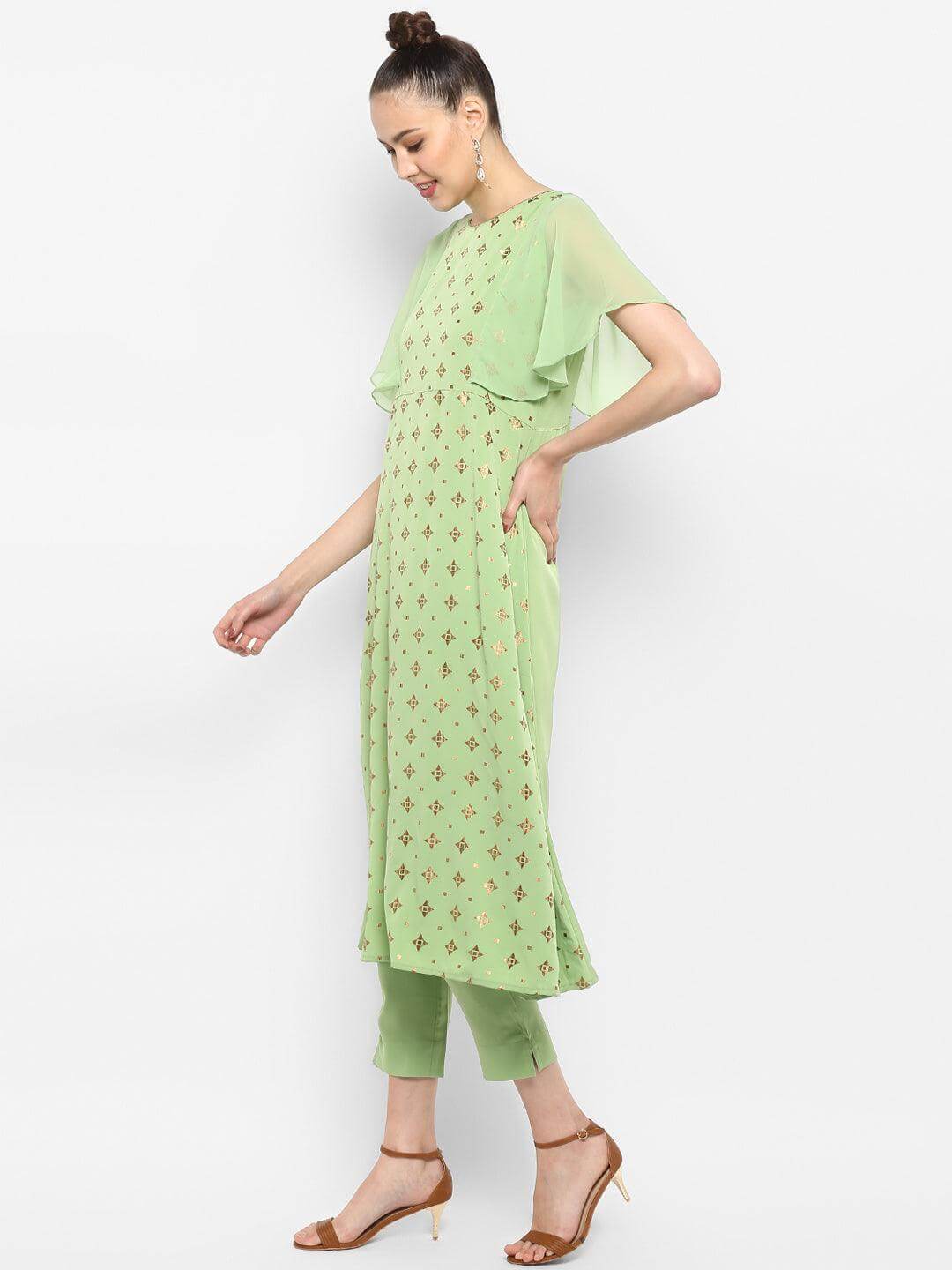 Light Green Poly Crepe Foil Print Kurta with Pant