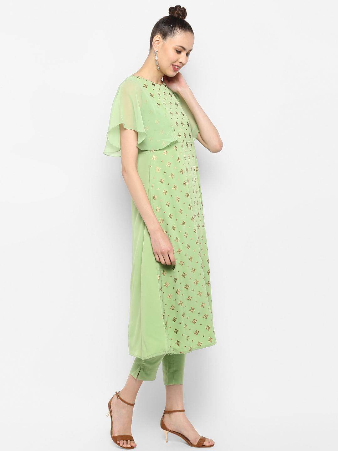 Light Green Poly Crepe Foil Print Kurta with Pant