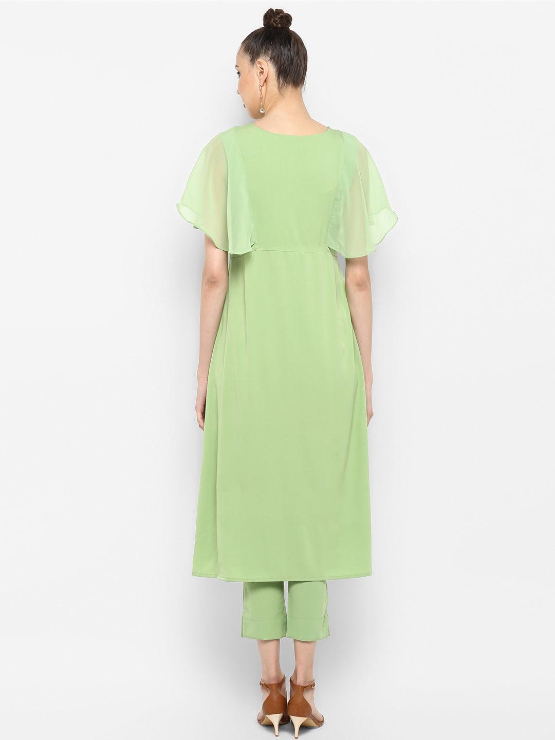 Light Green Poly Crepe Foil Print Kurta with Pant