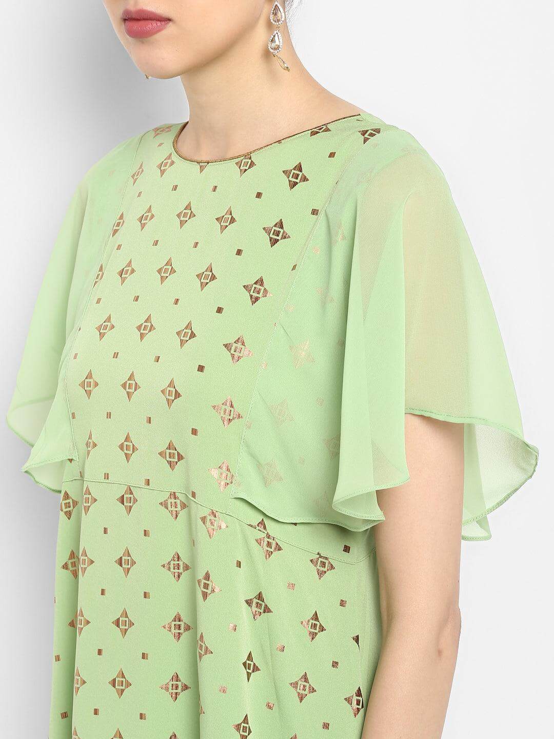 Light Green Poly Crepe Foil Print Kurta with Pant