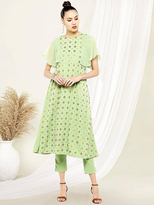 Light Green Poly Crepe Foil Print Kurta with Pant