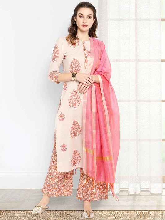 Lilac Cotton Block Print Kurta with Palazzo and Dupatta