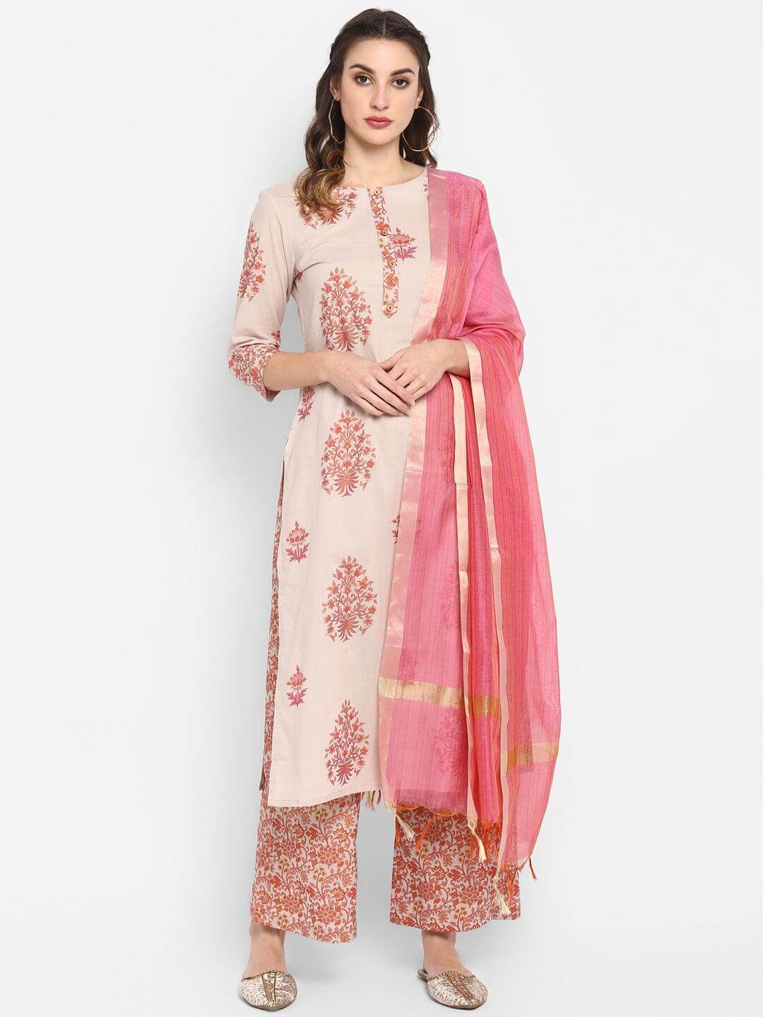 Lilac Cotton Block Print Kurta with Palazzo and Dupatta