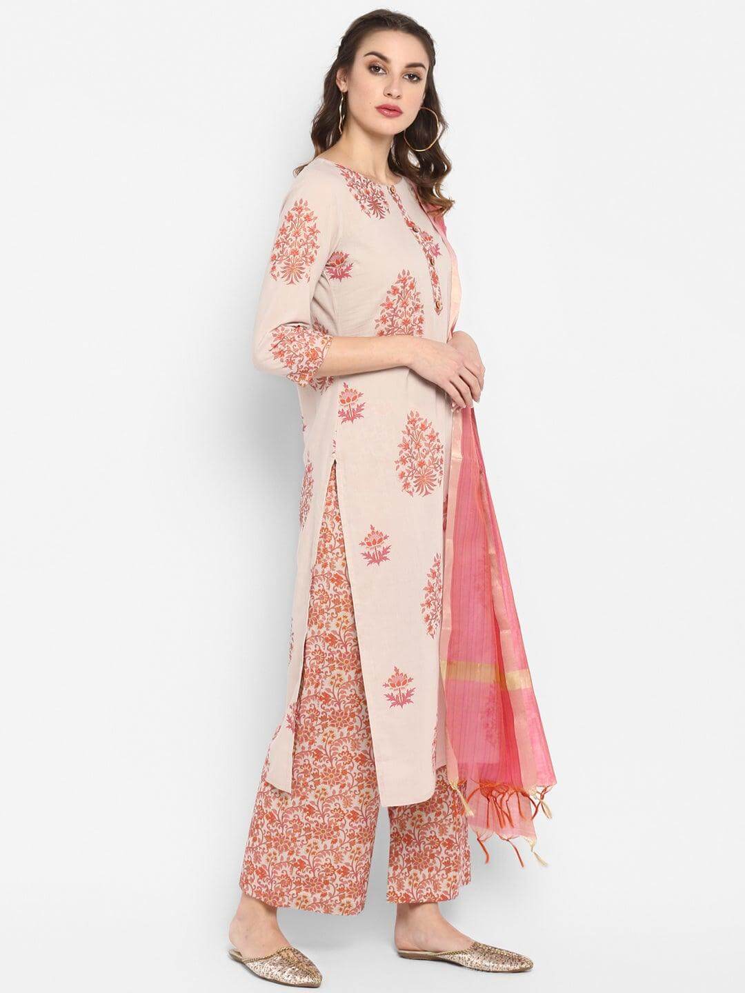 Lilac Cotton Block Print Kurta with Palazzo and Dupatta