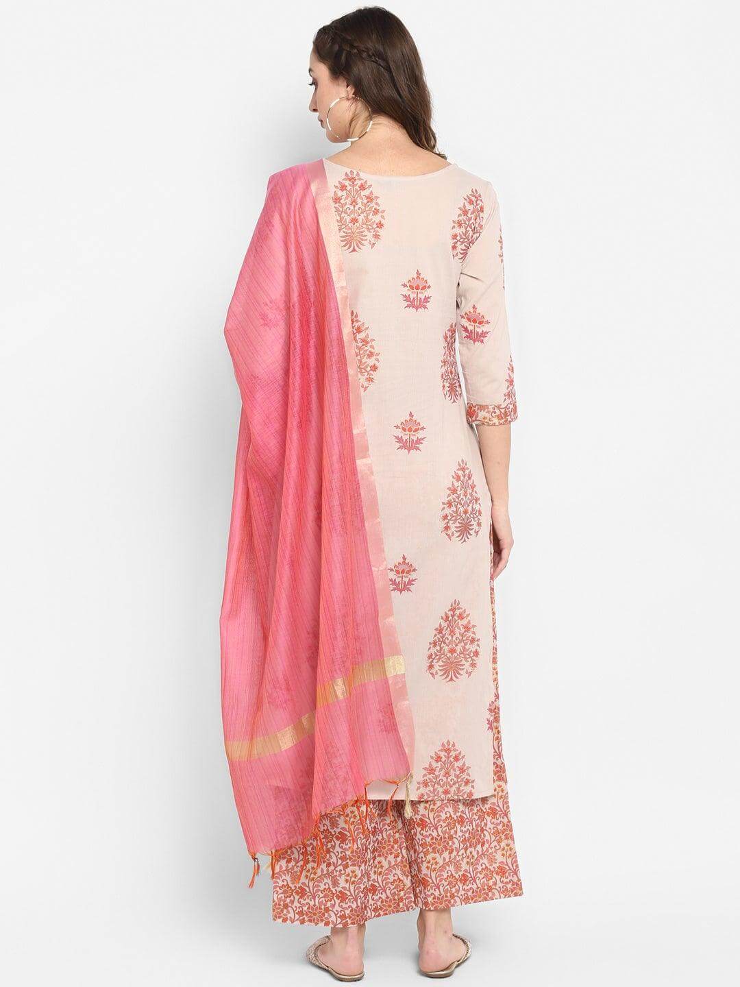 Lilac Cotton Block Print Kurta with Palazzo and Dupatta
