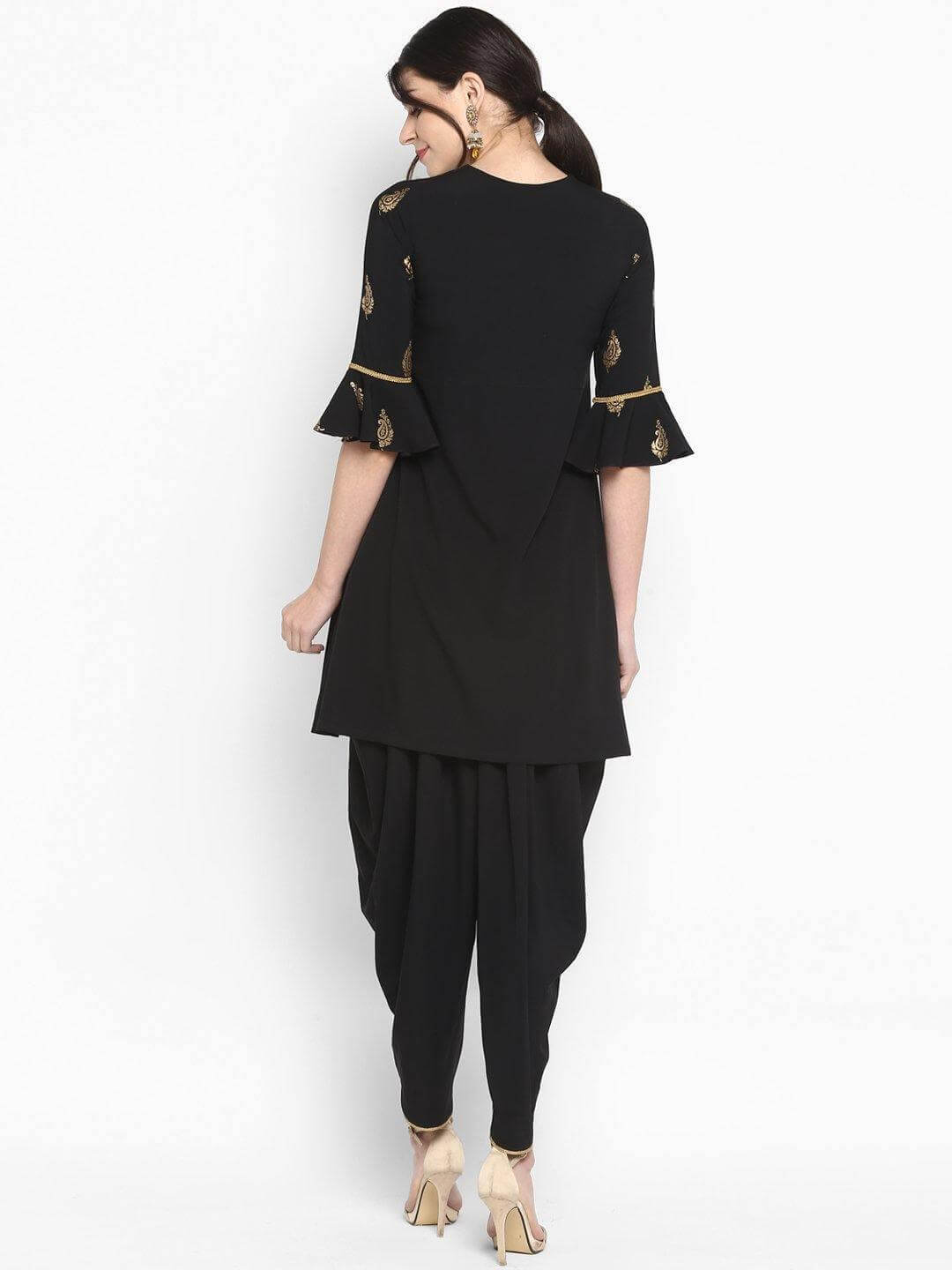 Black Poly Crepe Gold Print Kurti with Dhoti Pant