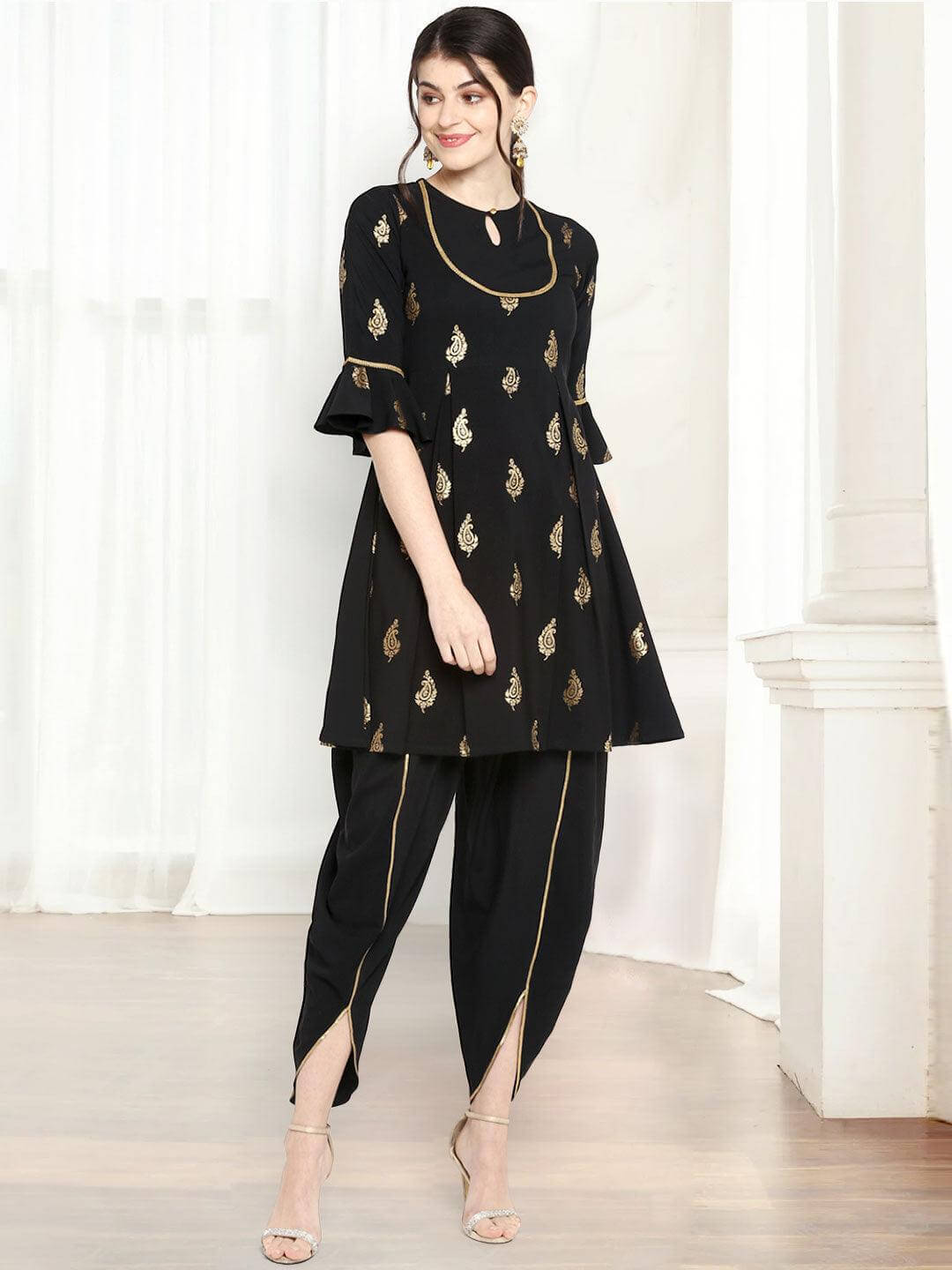 Black Poly Crepe Gold Print Kurti with Dhoti Pant