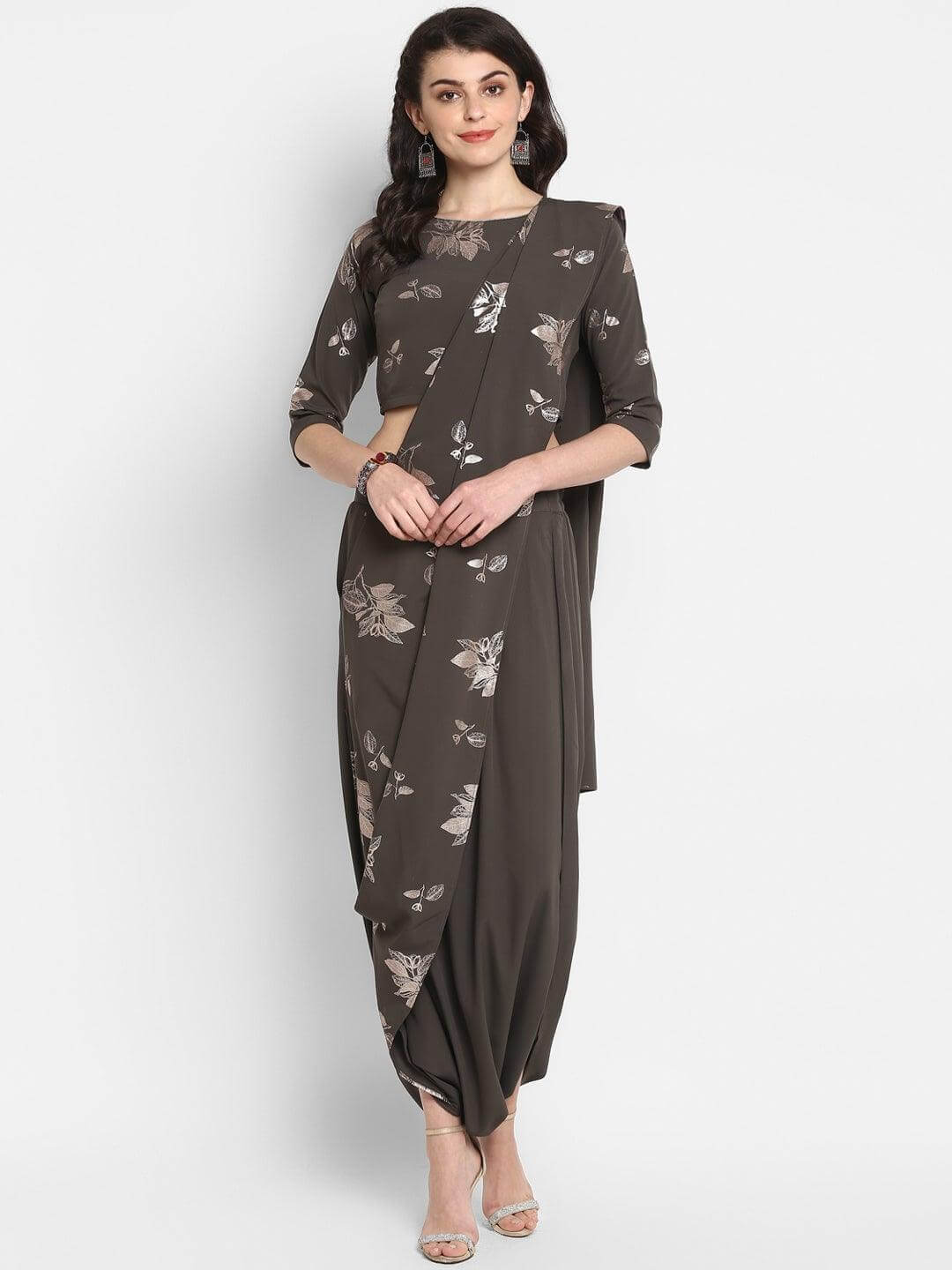 Olive Green Poly Crepe Botanical Print Crop Top with Dhoti With Attached Dupatta