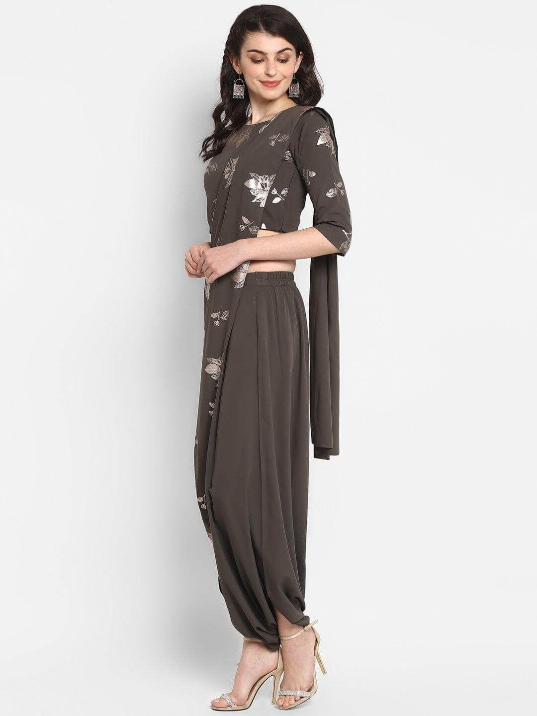 Olive Green Poly Crepe Botanical Print Crop Top with Dhoti With Attached Dupatta