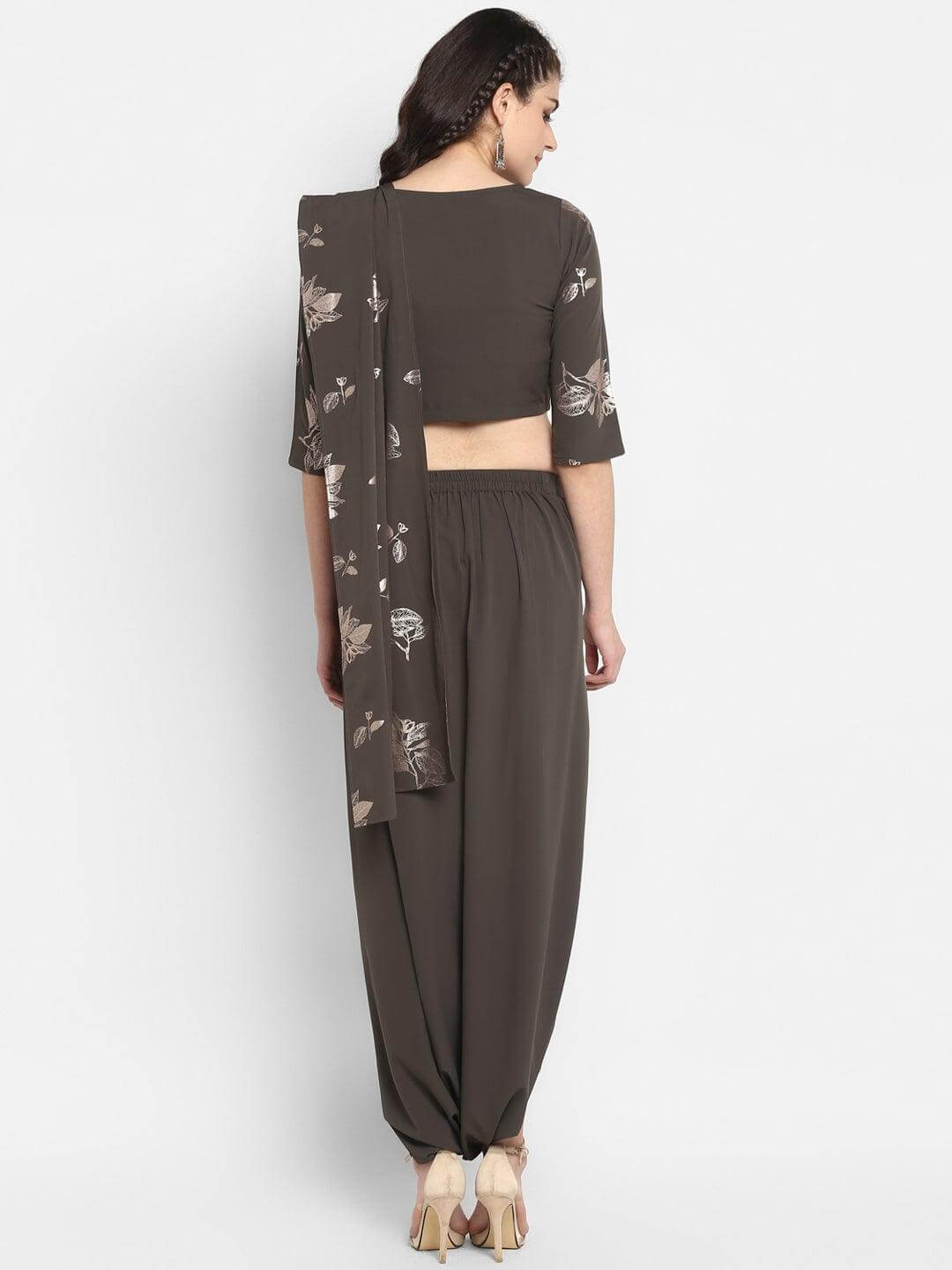 Olive Green Poly Crepe Botanical Print Crop Top with Dhoti With Attached Dupatta
