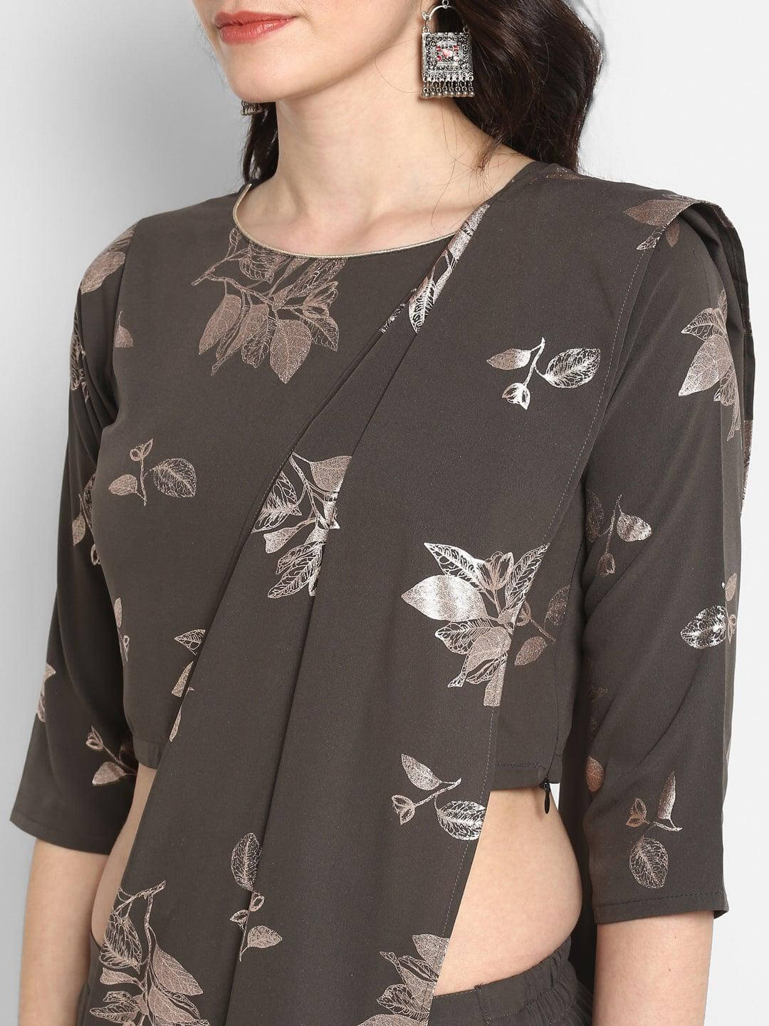 Olive Green Poly Crepe Botanical Print Crop Top with Dhoti With Attached Dupatta