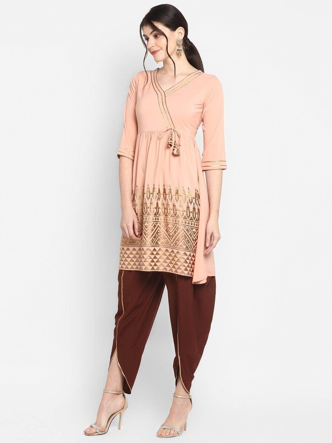 Peach Poly Crepe Geometric Print Kurta with Dhoti Pant