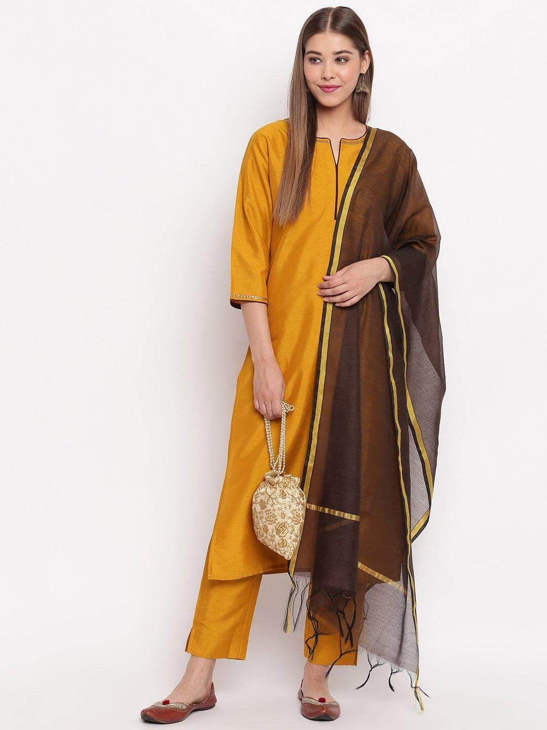 Mustard Poly Silk Sequined Kurta with Pant and Dupatta