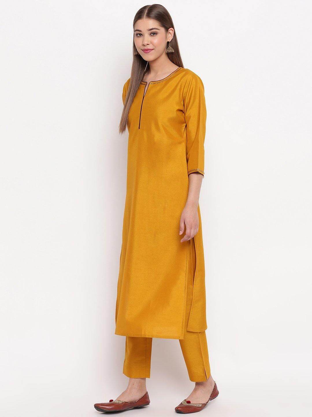 Mustard Poly Silk Sequined Kurta with Pant and Dupatta