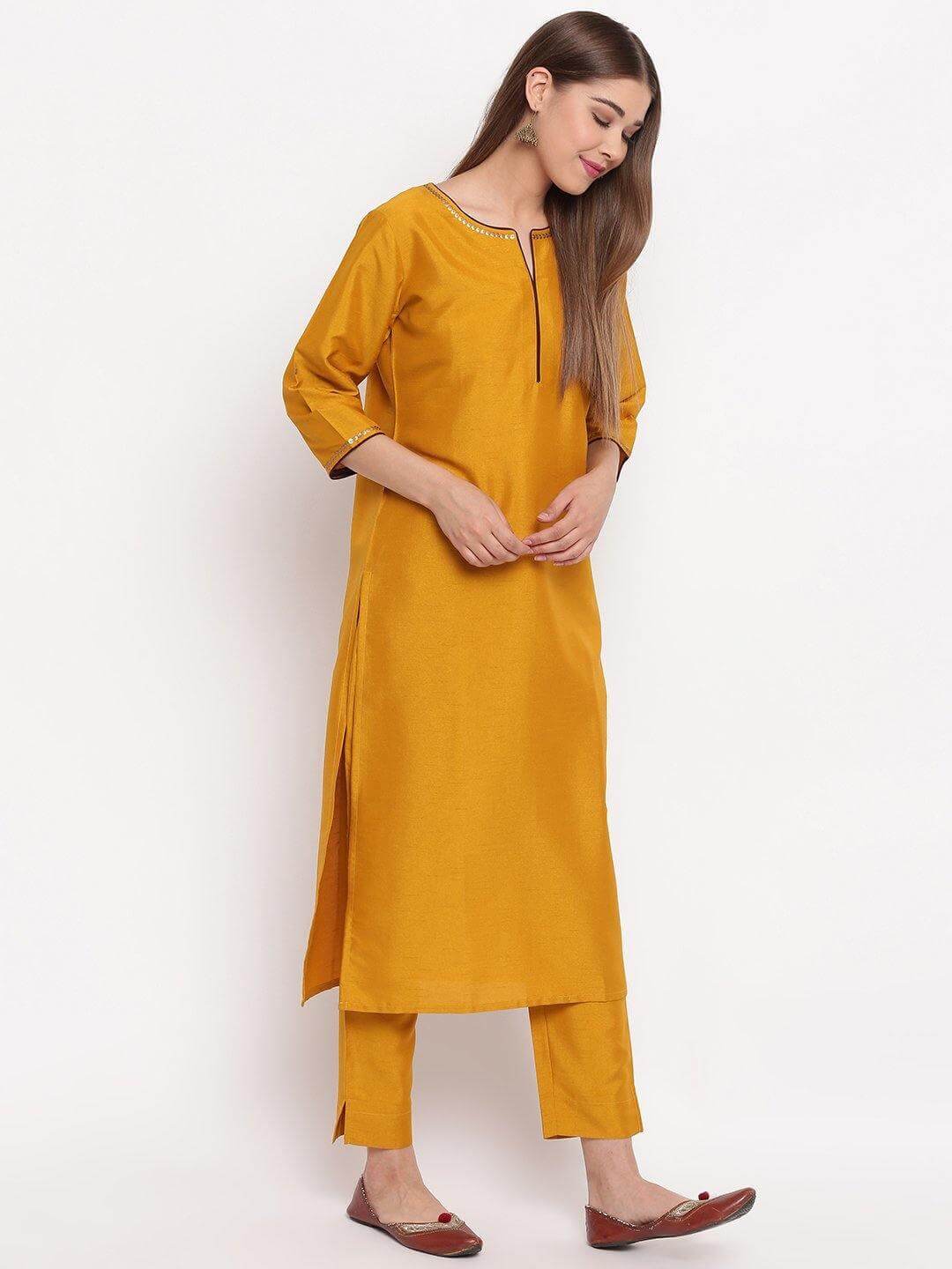 Mustard Poly Silk Sequined Kurta with Pant and Dupatta