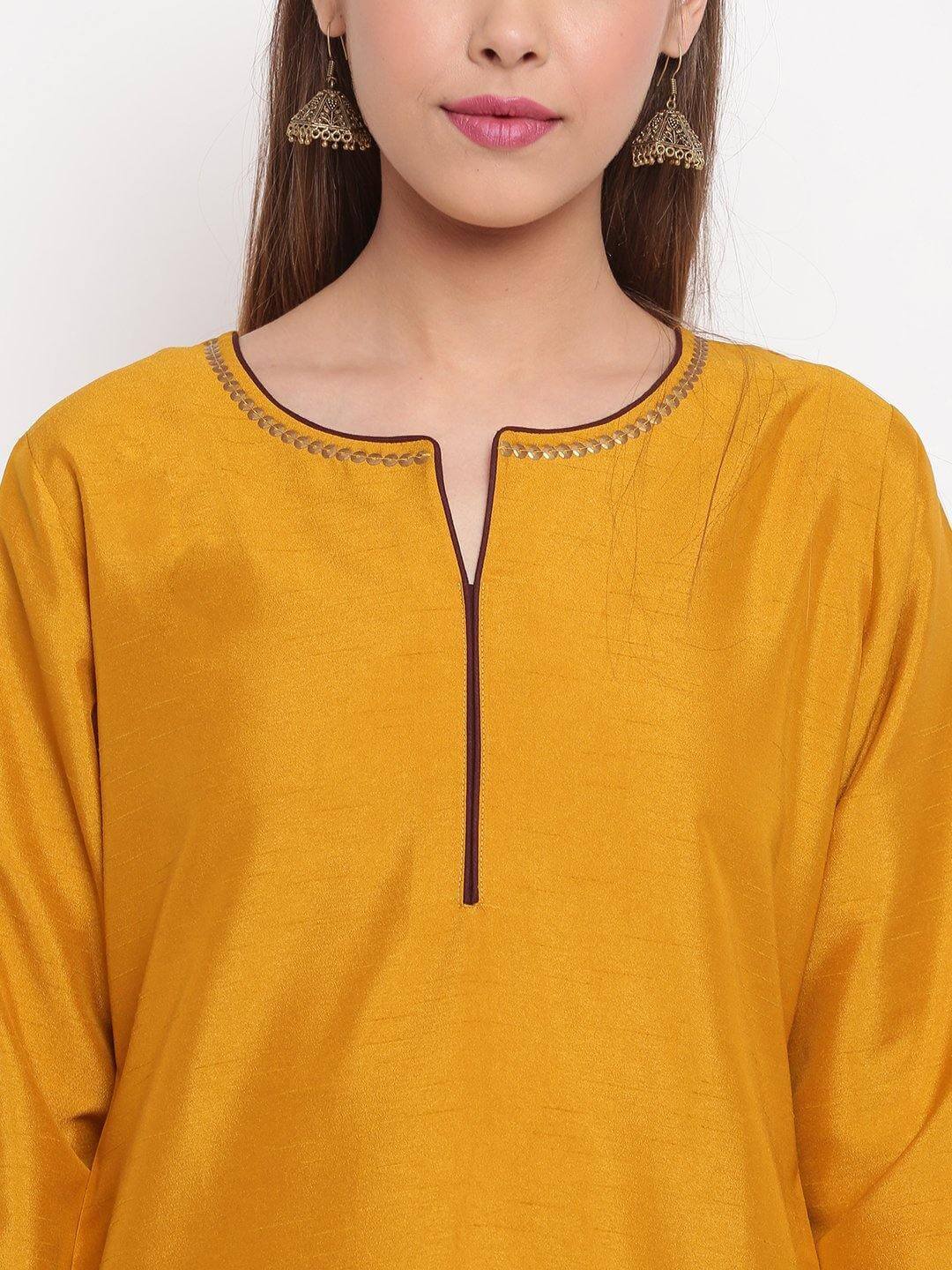 Mustard Poly Silk Sequined Kurta with Pant and Dupatta