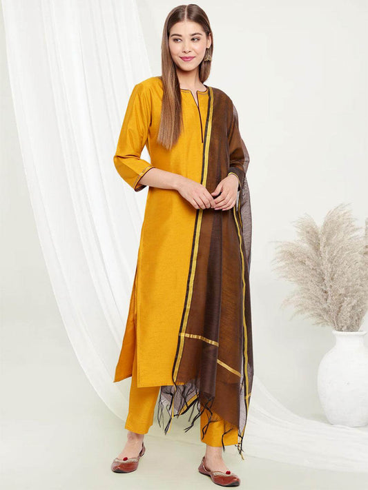 Mustard Poly Silk Sequined Kurta with Pant and Dupatta