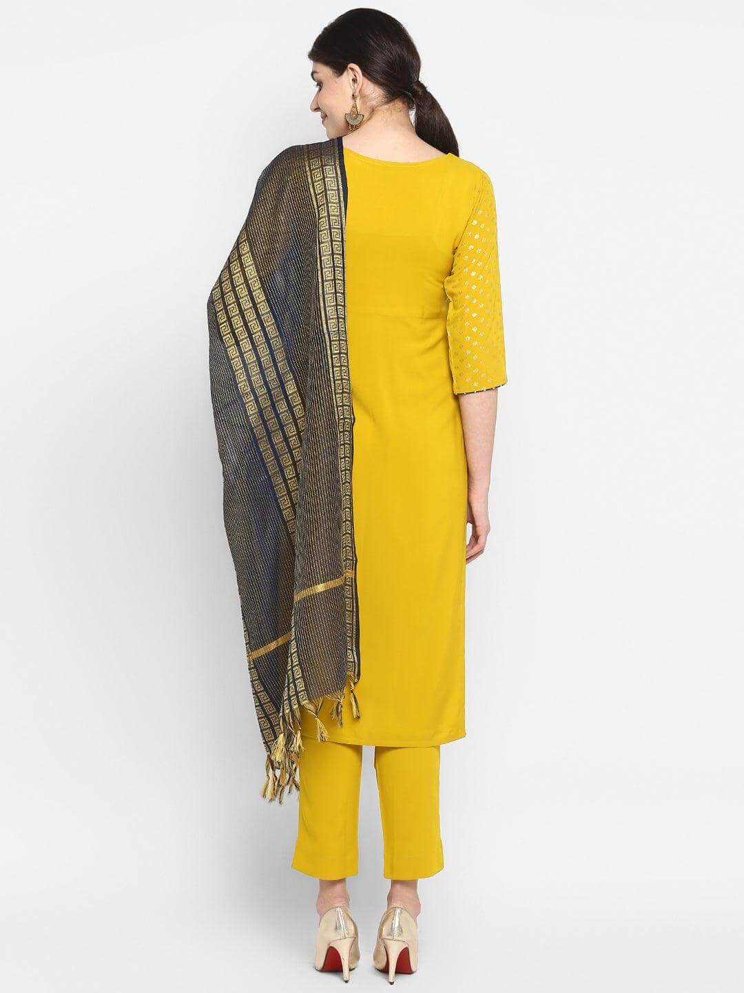 Mustard Poly Crepe Gold Print Kurta with Pant and Dupatta