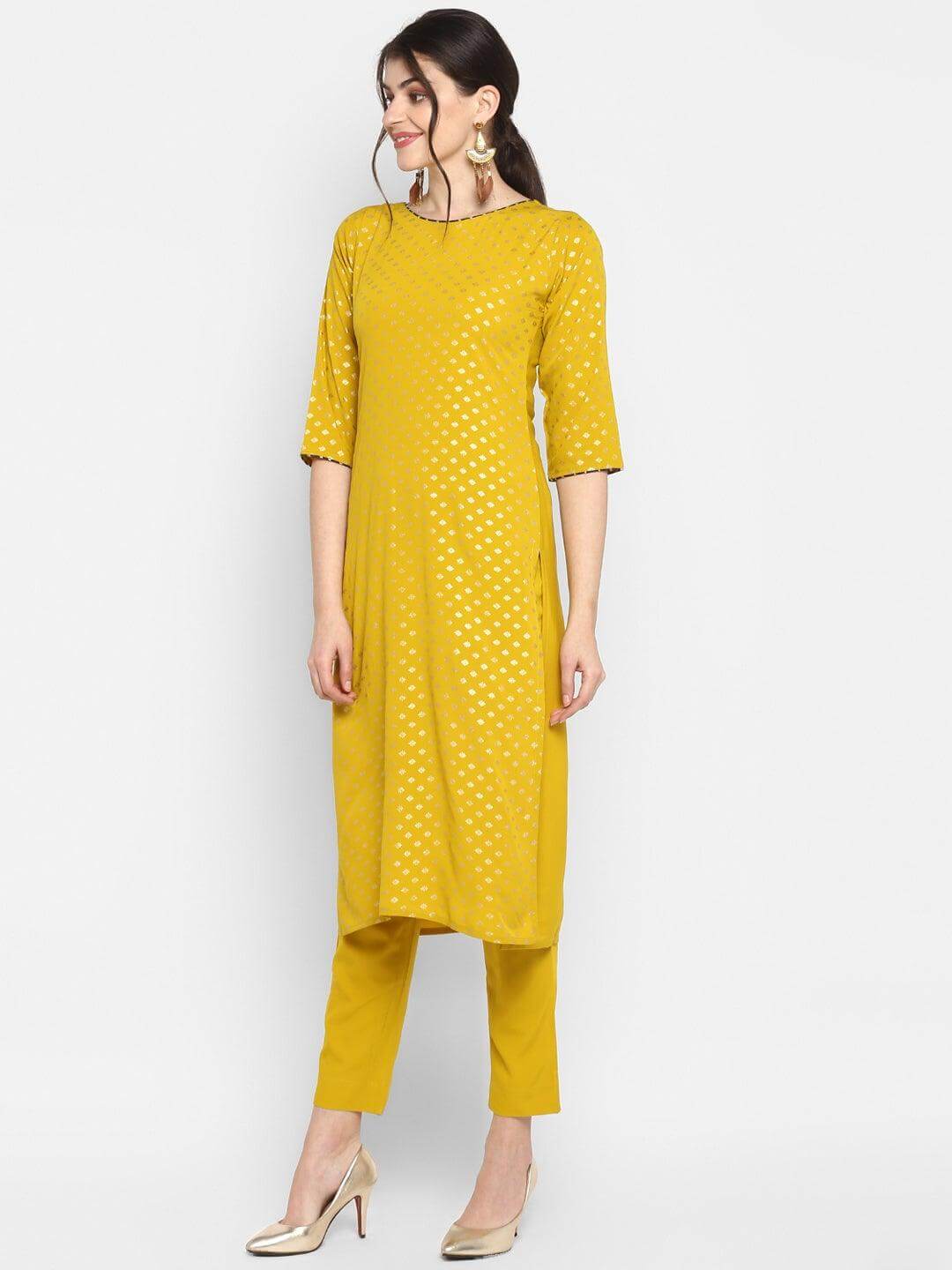 Mustard Poly Crepe Gold Print Kurta with Pant and Dupatta