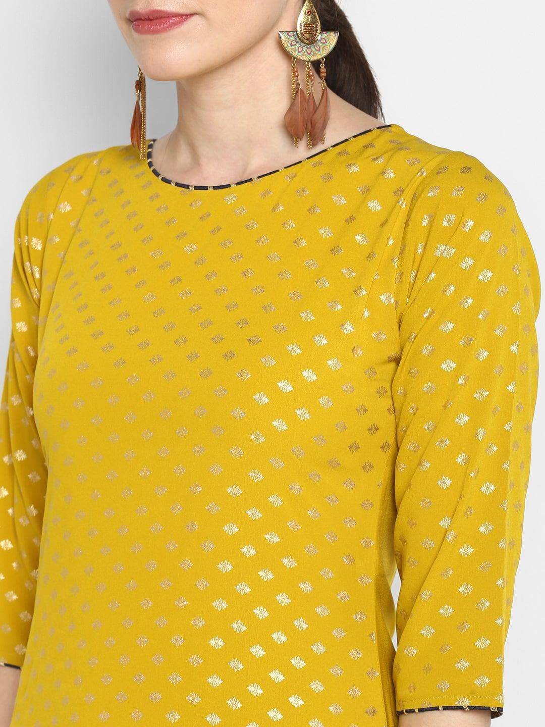 Mustard Poly Crepe Gold Print Kurta with Pant and Dupatta