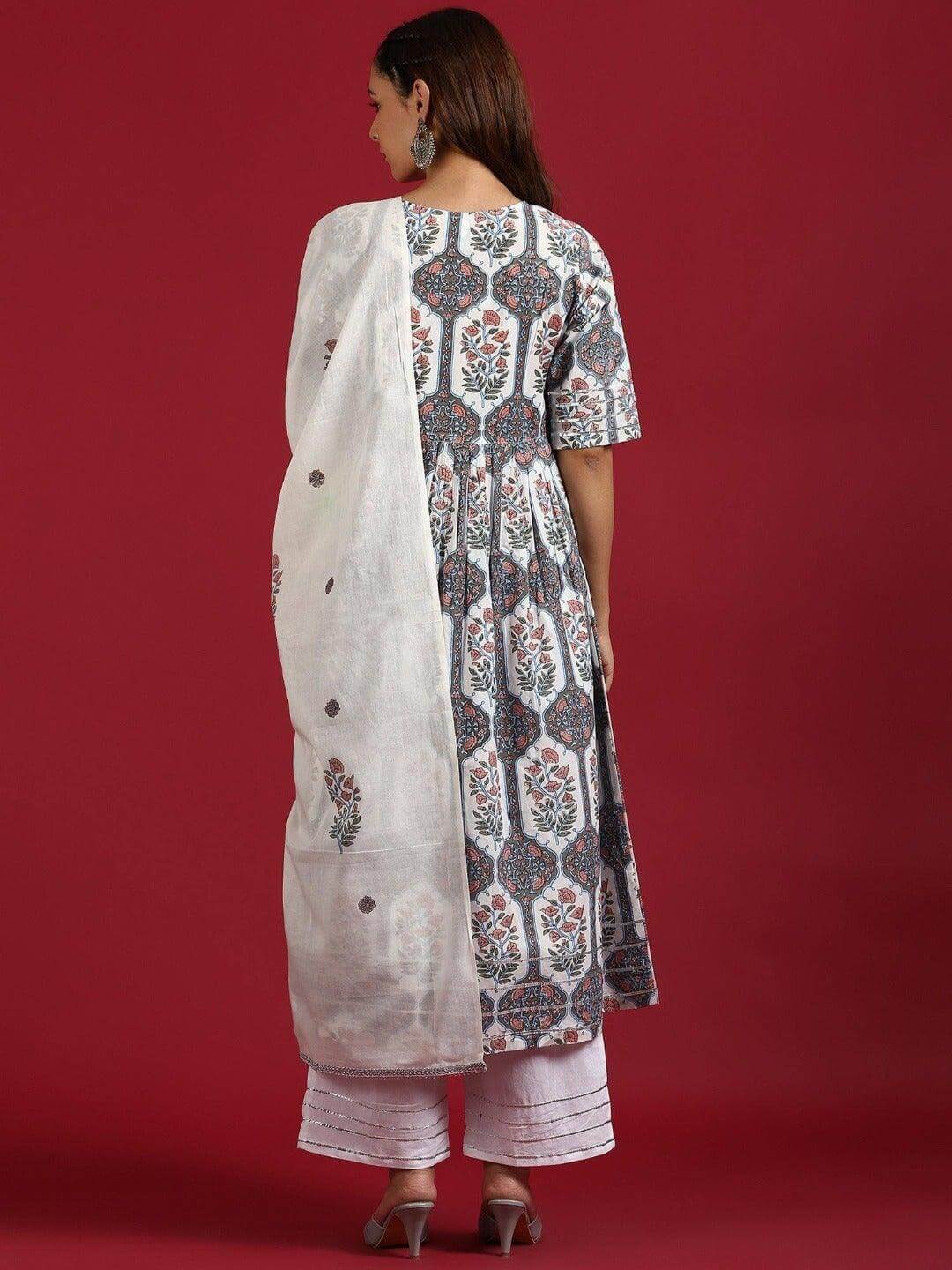 White Cotton Botanical Print Kurta with Palazzo and Dupatta