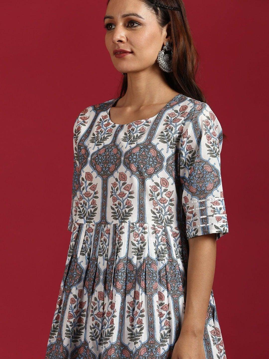 White Cotton Botanical Print Kurta with Palazzo and Dupatta