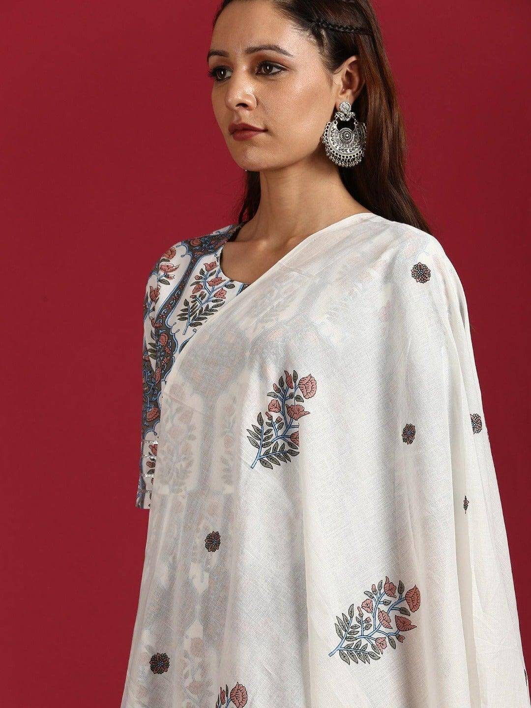 White Cotton Botanical Print Kurta with Palazzo and Dupatta