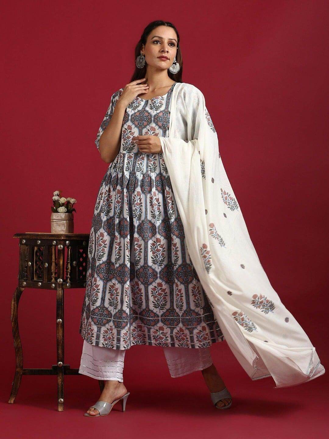 White Cotton Botanical Print Kurta with Palazzo and Dupatta