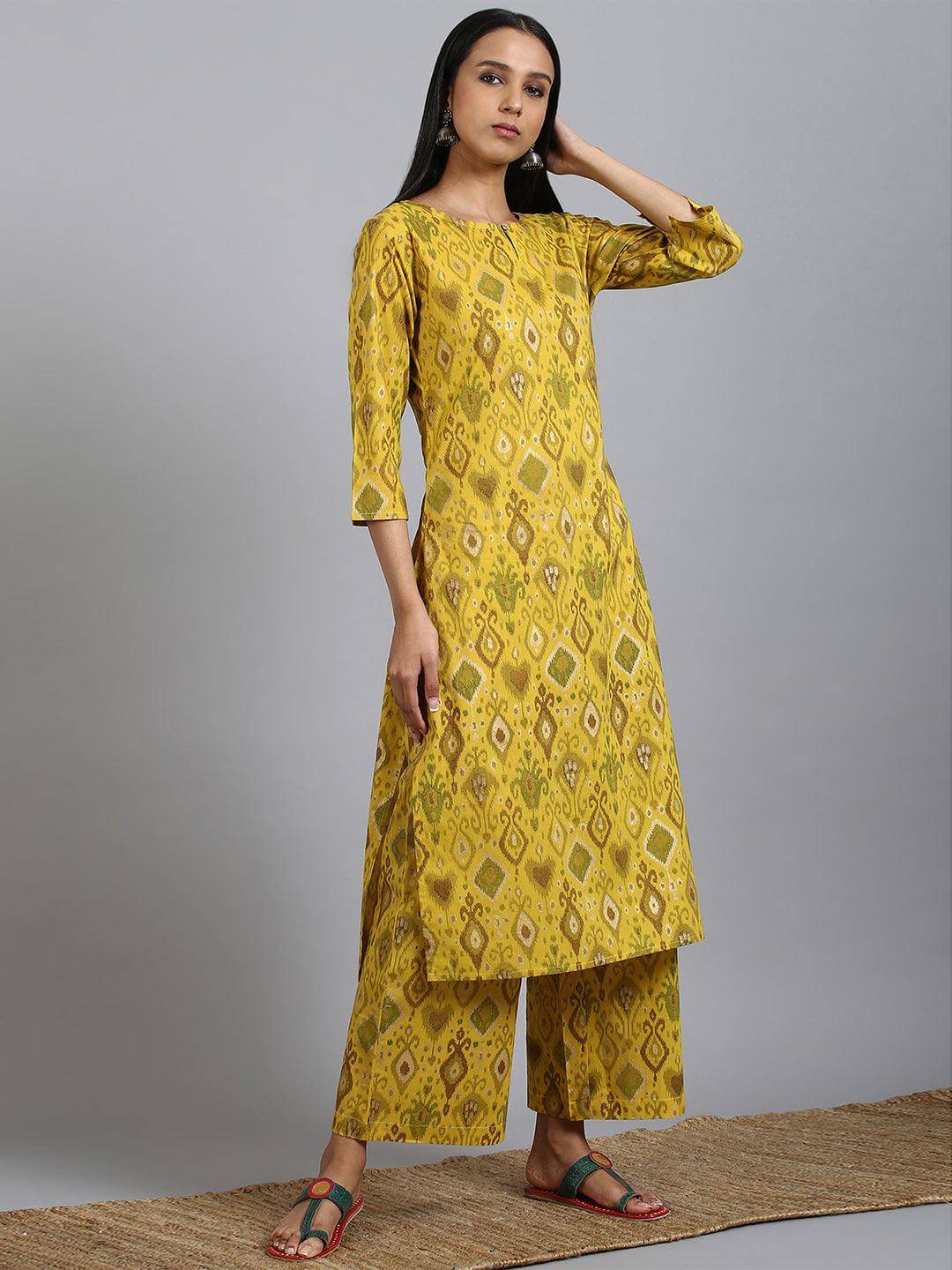 Yellow Cotton Ikkat Kurta with Palazzo