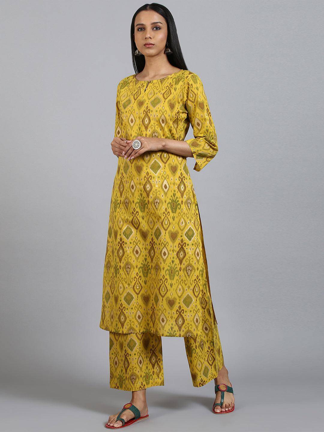 Yellow Cotton Ikkat Kurta with Palazzo