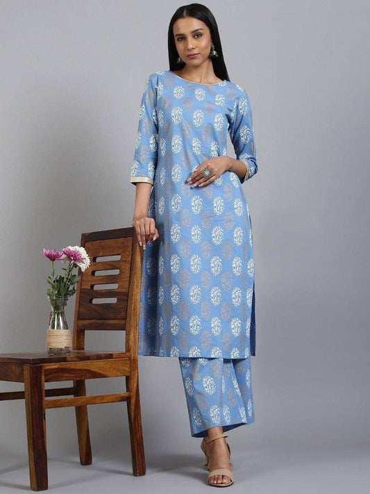 Blue Cotton Floral Print Kurta with Palazzo