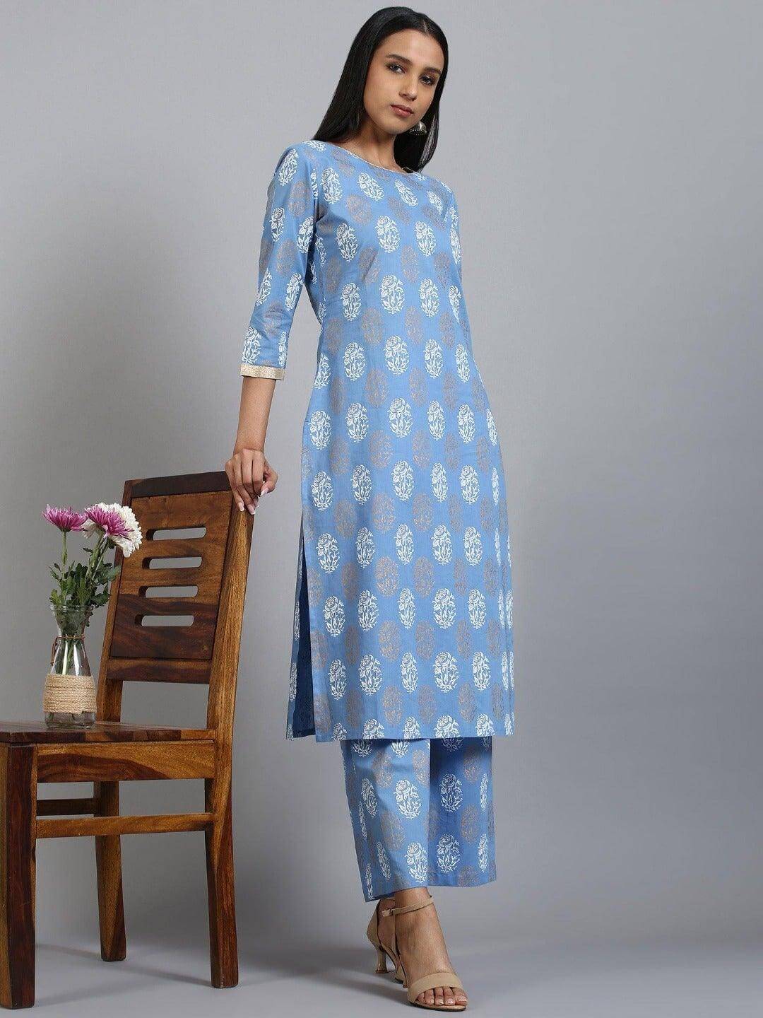Blue Cotton Floral Print Kurta with Palazzo