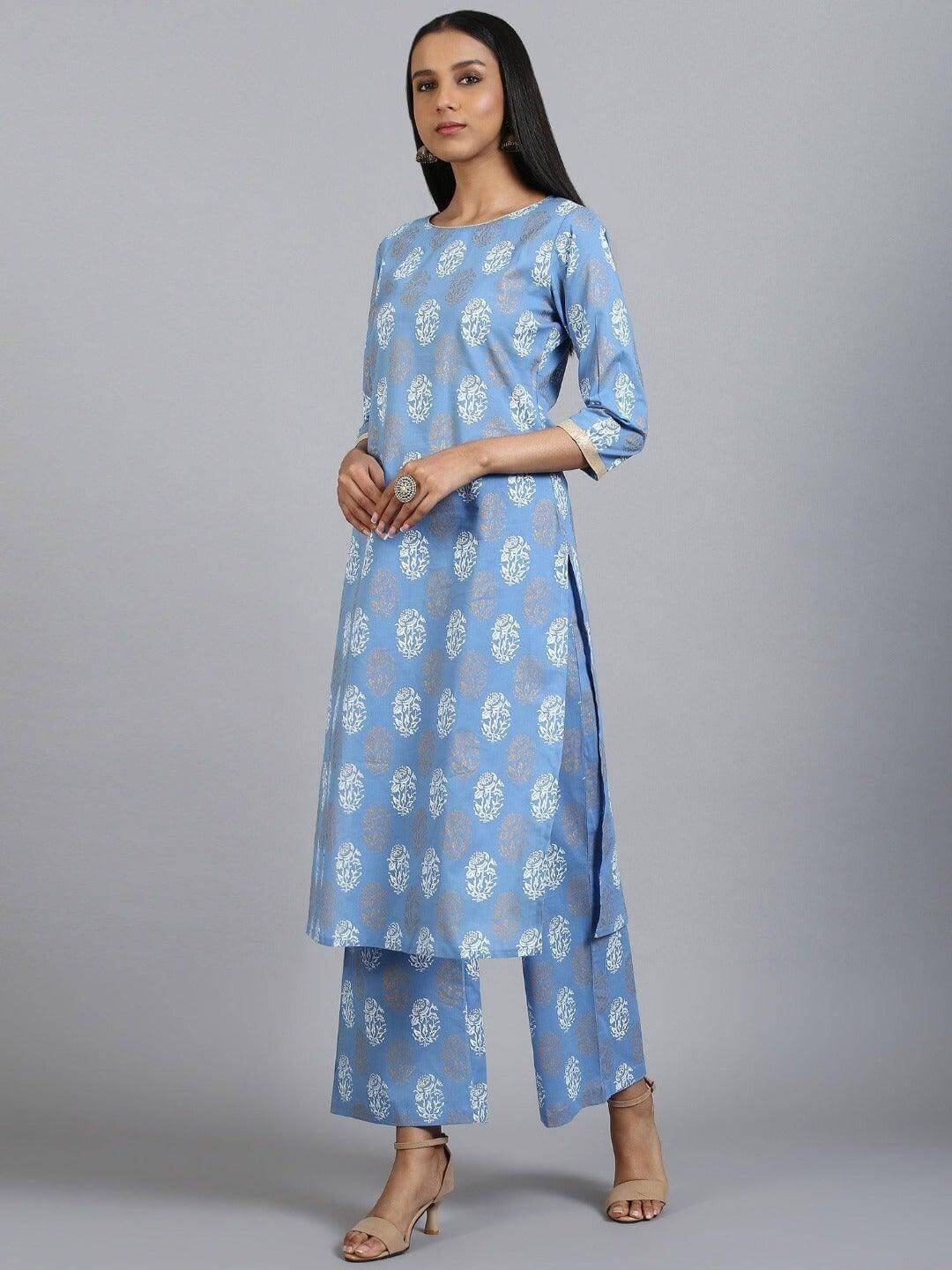 Blue Cotton Floral Print Kurta with Palazzo