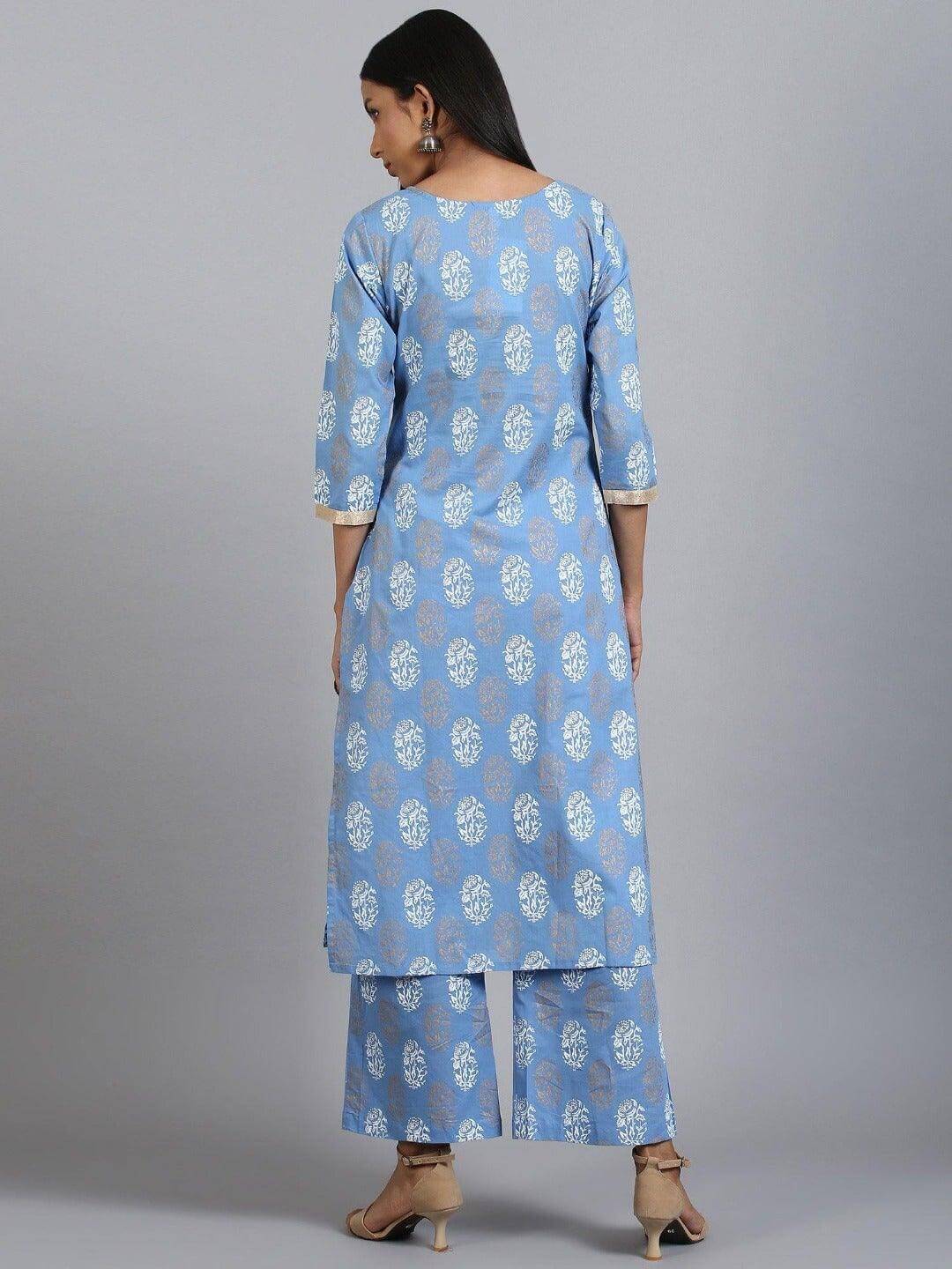 Blue Cotton Floral Print Kurta with Palazzo