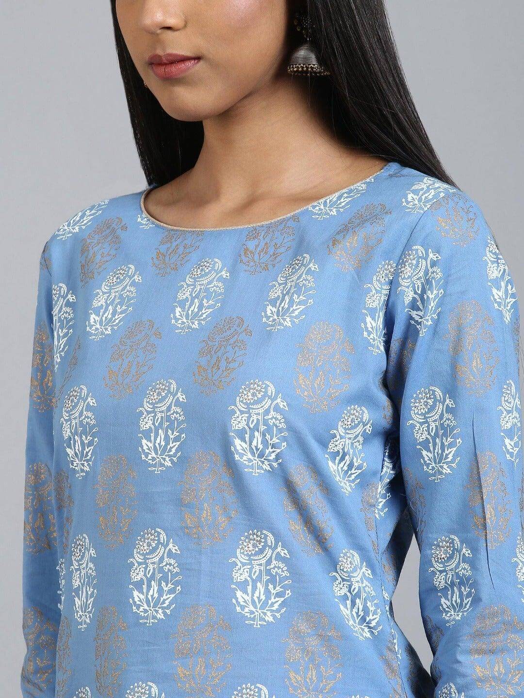 Blue Cotton Floral Print Kurta with Palazzo