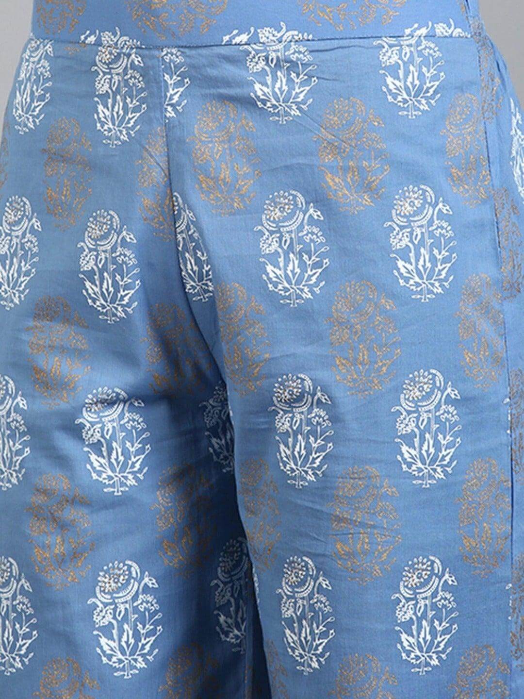 Blue Cotton Floral Print Kurta with Palazzo
