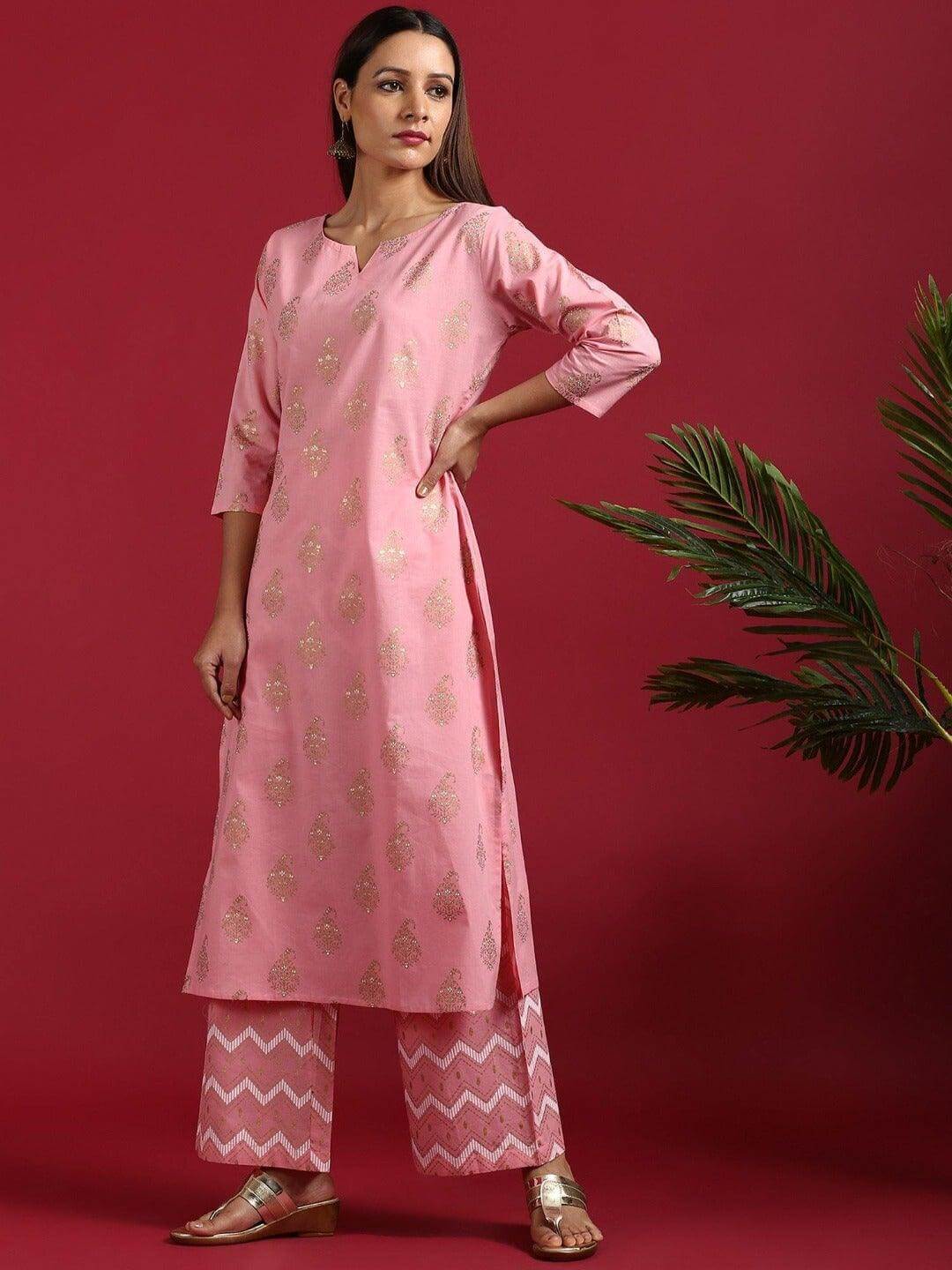 Pink Cotton Paisley Kurta with Palazzo