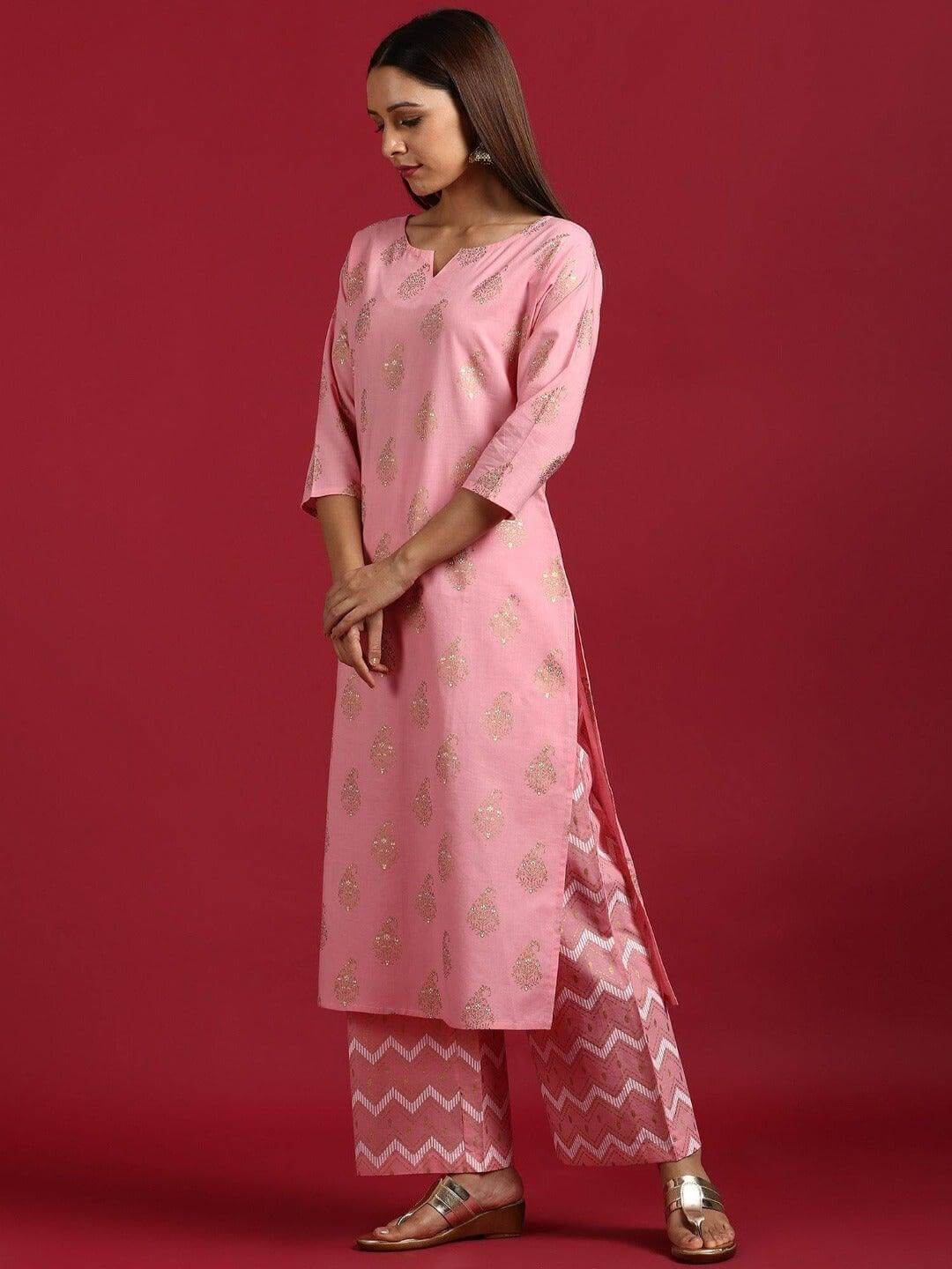 Pink Cotton Paisley Kurta with Palazzo