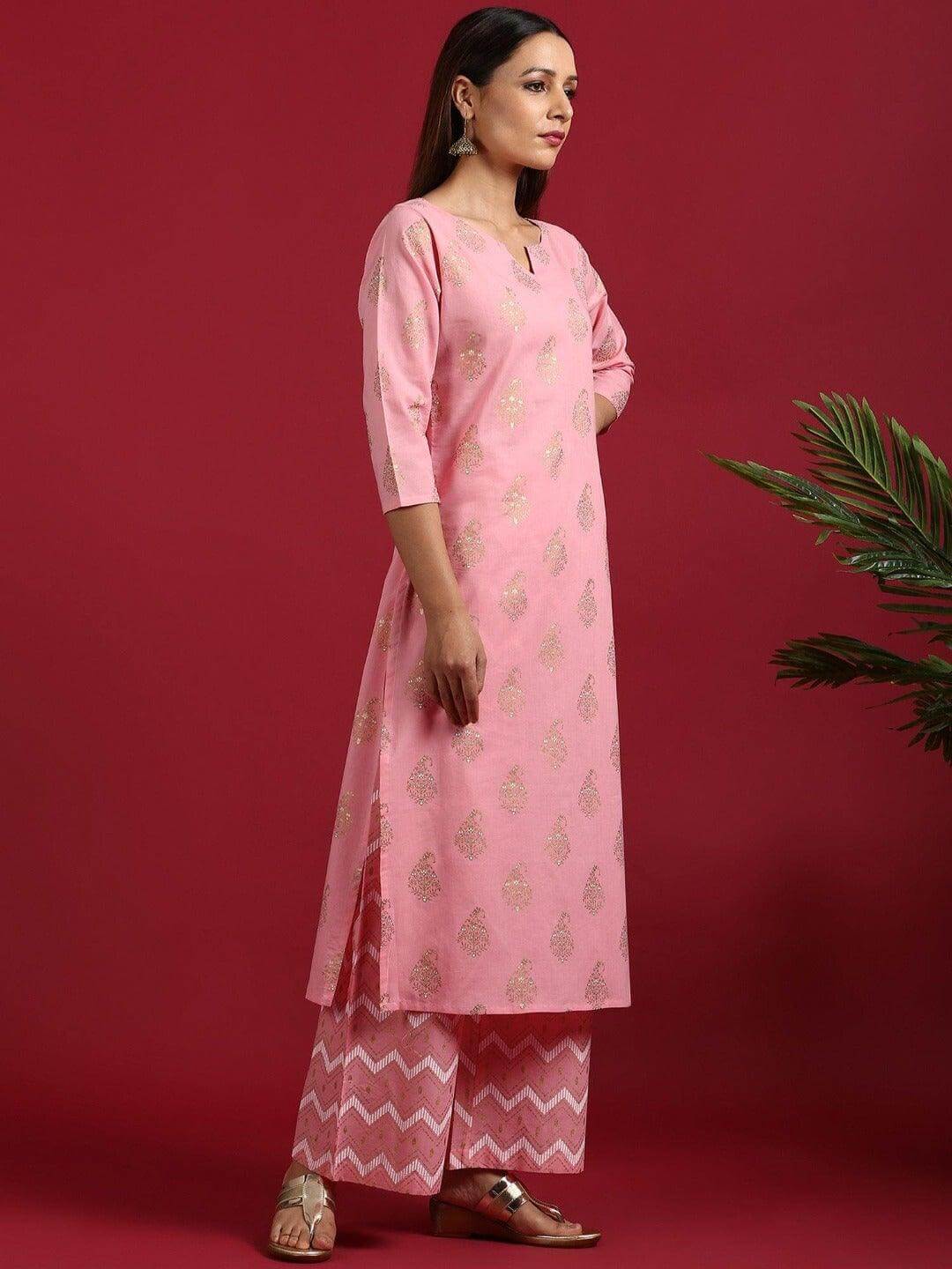 Pink Cotton Paisley Kurta with Palazzo