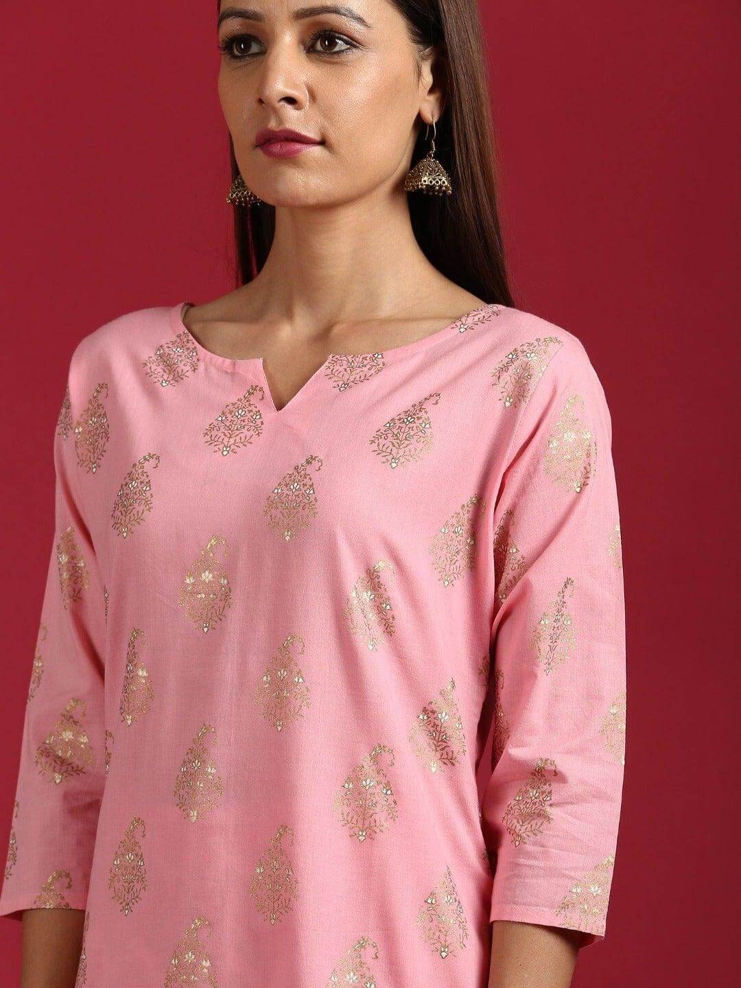 Pink Cotton Paisley Kurta with Palazzo