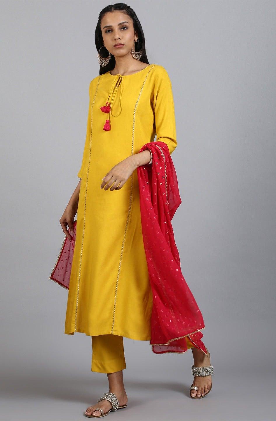 Mustard Rayon Solid Kurta with Pant and Dupatta