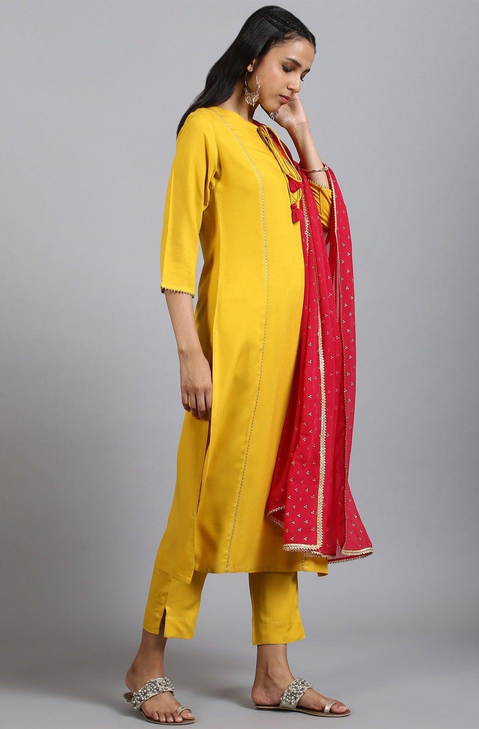 Mustard Rayon Solid Kurta with Pant and Dupatta