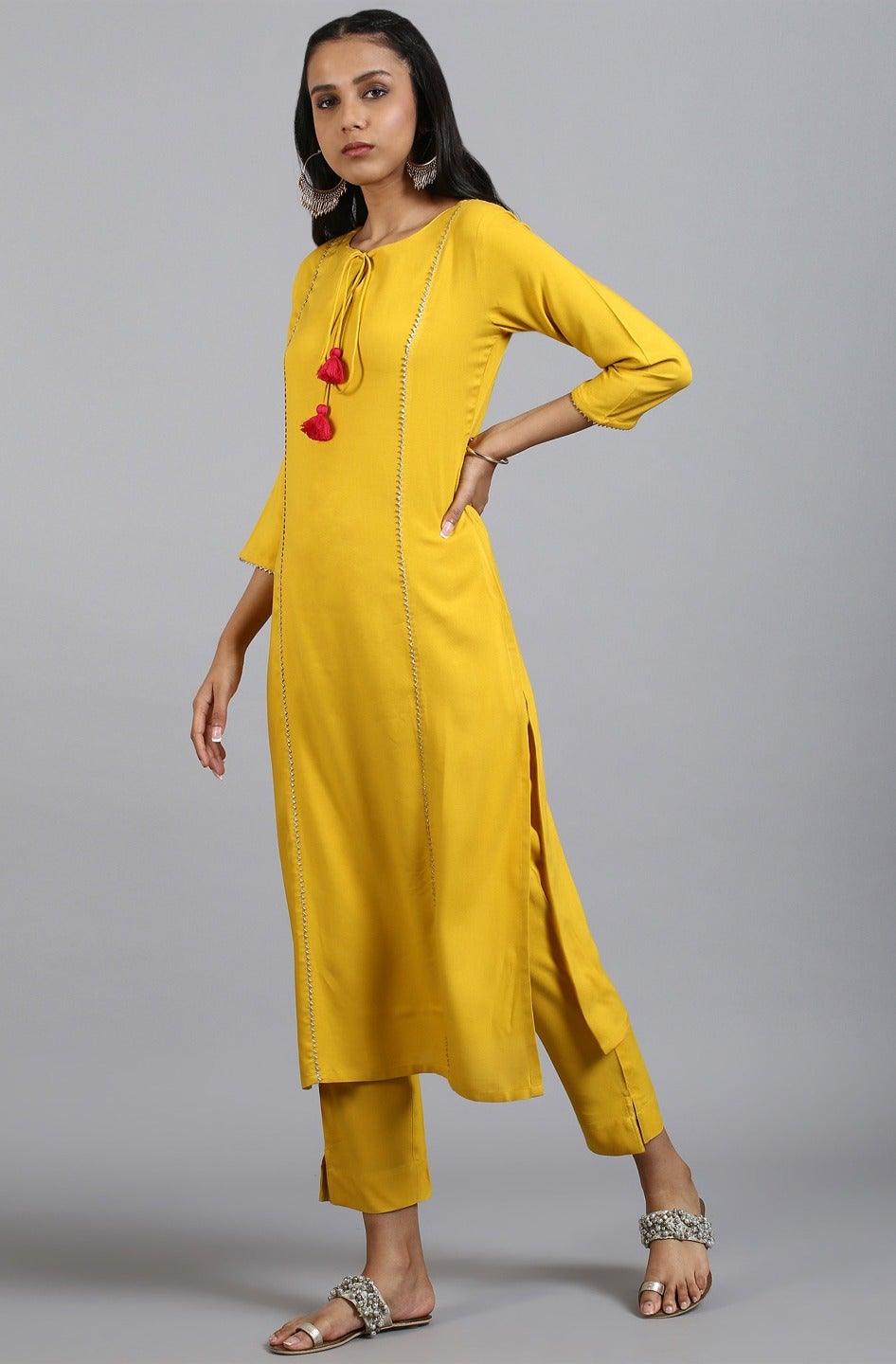 Mustard Rayon Solid Kurta with Pant and Dupatta