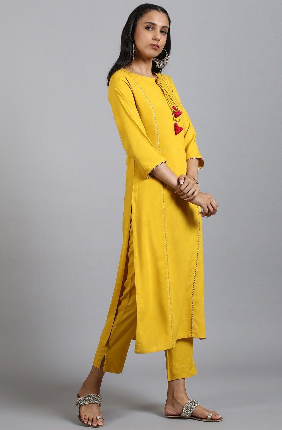 Mustard Rayon Solid Kurta with Pant and Dupatta