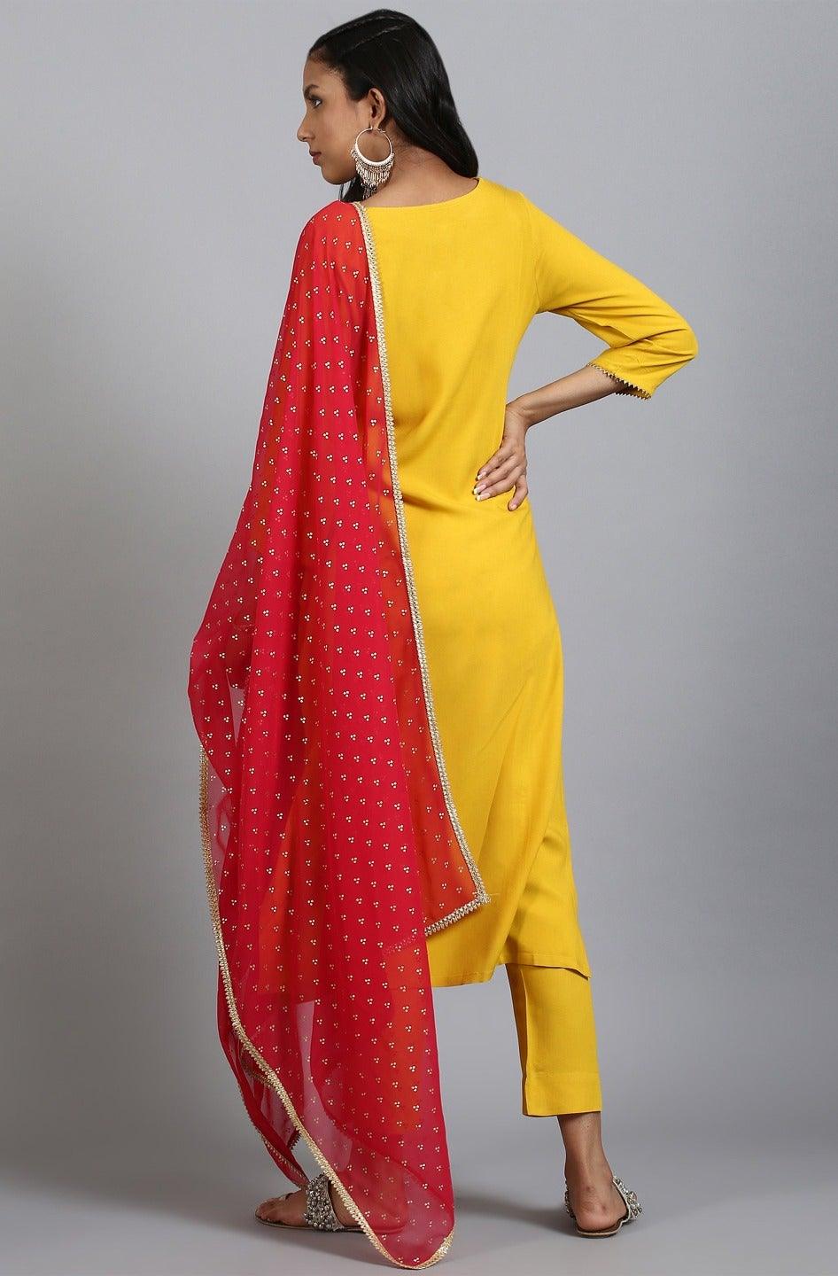 Mustard Rayon Solid Kurta with Pant and Dupatta